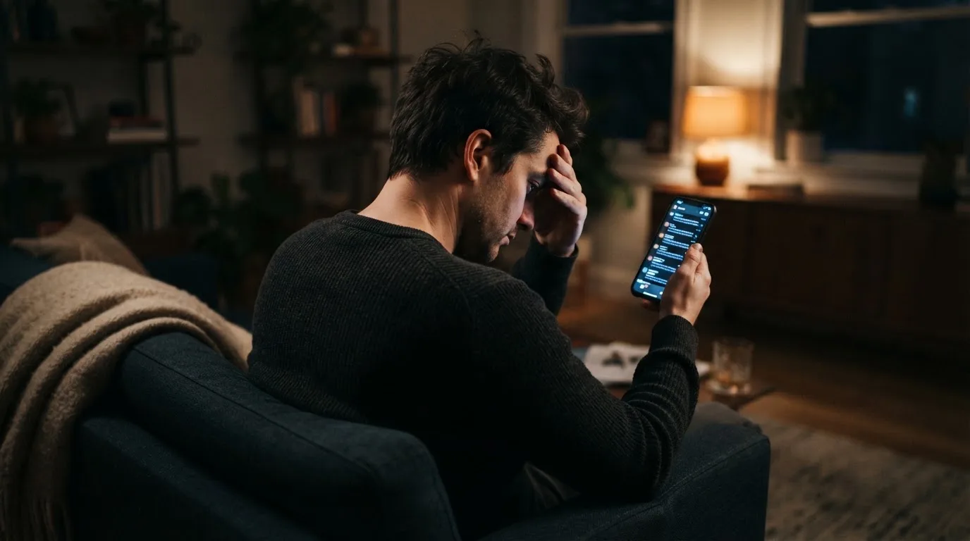 Muž drží telefon a druhou rukou si promne čelo unaveným gestem ve večerním pokoji.